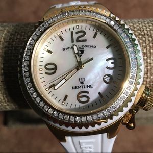 💥ON SALE SWISS LEGEND NEPTUNE WHITE DIAMONDS, WHITE SILICONE STRAP WATCH